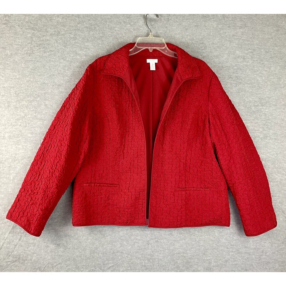 Chico's 3 (US XL 16) Red Jacket Long Sleeve Open Front Pockets Textured Lined - Picture 2 of 11